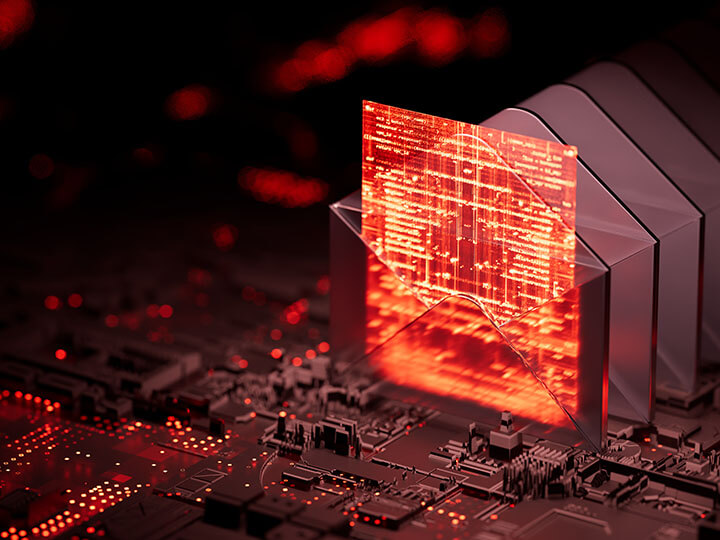 Cyber security ransomware concept of a digital email with red infected document coming out of the envelope