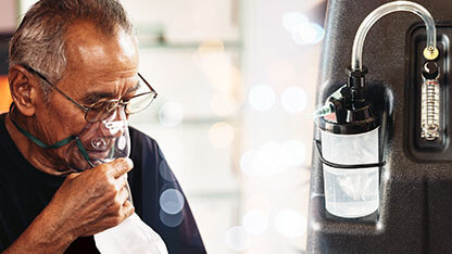 Elderly Senior Man wear oxygen inhaler device for helping breath respiratory. Patient use portable oxygen at home. Patients with respiratory disorders. portable oxygen concentrator or oxygen generator